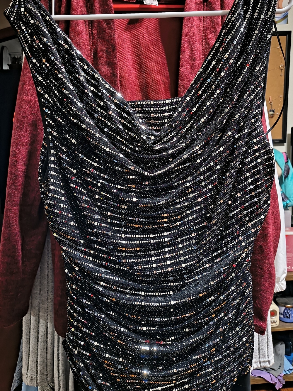 R&M Richards Woman Black Sequin Cowl Neck Party Dress